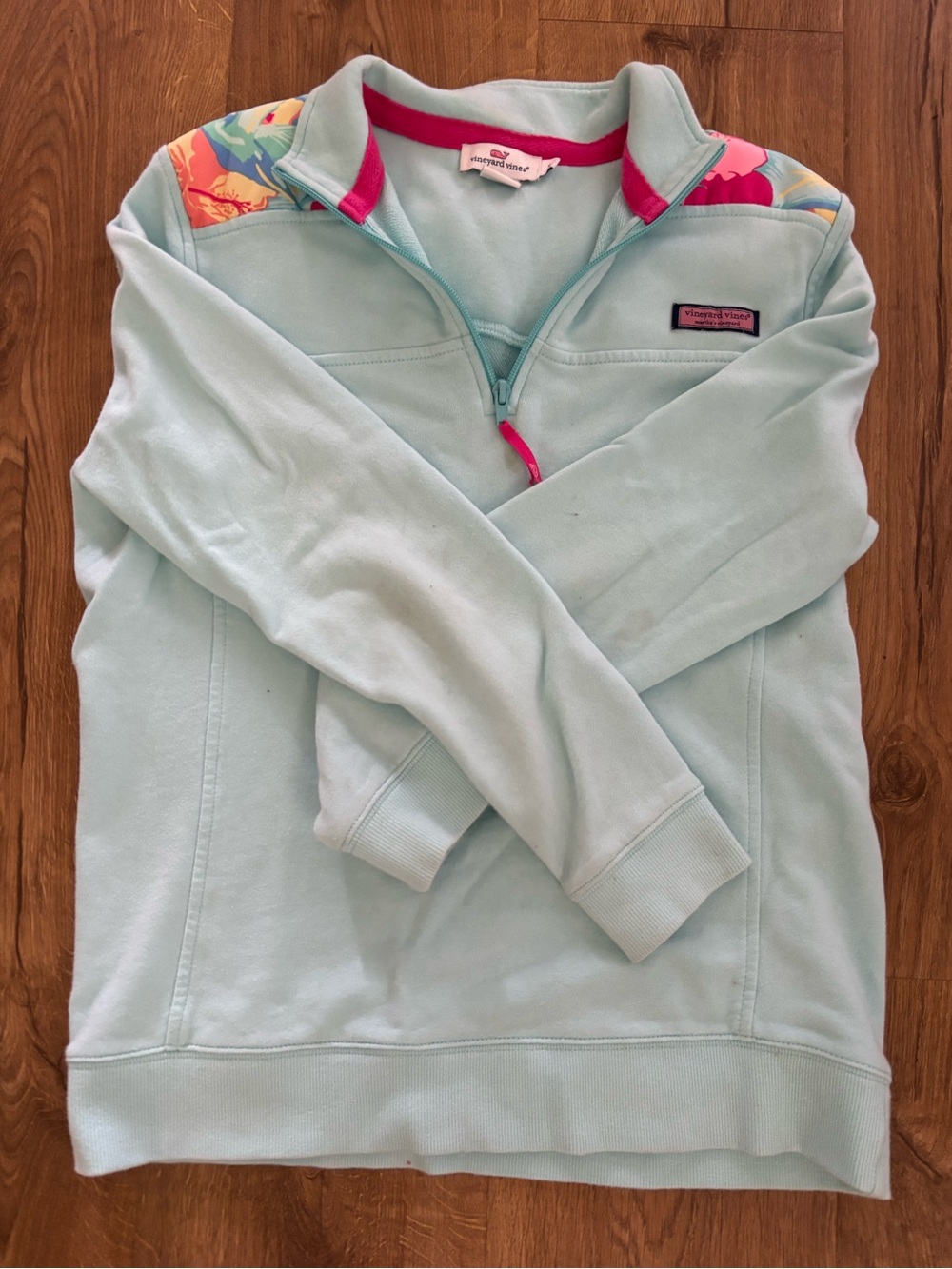 Vineyard Vines Light Blue Quarter-Zip Pullover with Floral Shoulder Accents